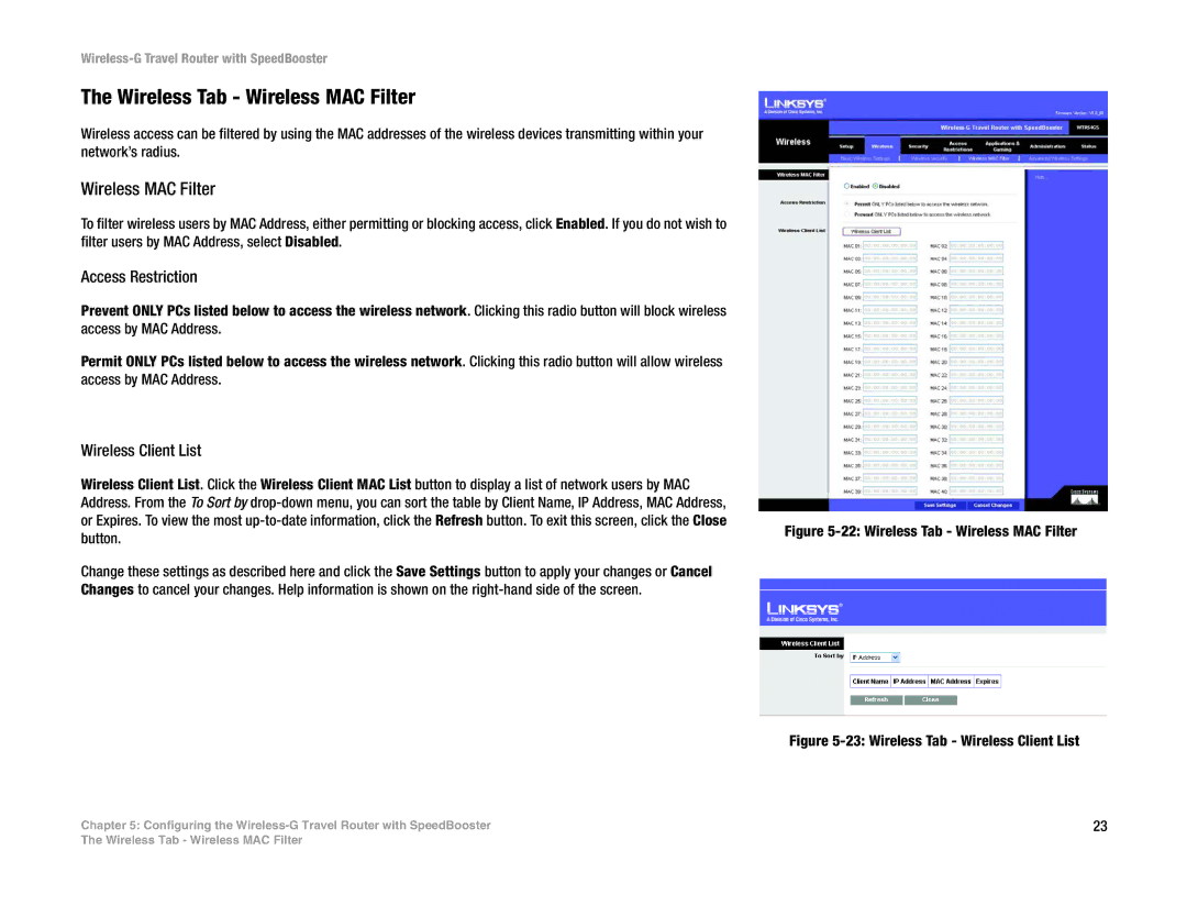 Linksys WTR54GS manual Wireless Tab Wireless MAC Filter, Access Restriction, Wireless Client List 
