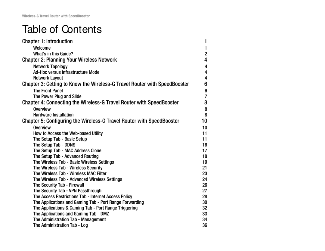 Linksys WTR54GS manual Table of Contents 