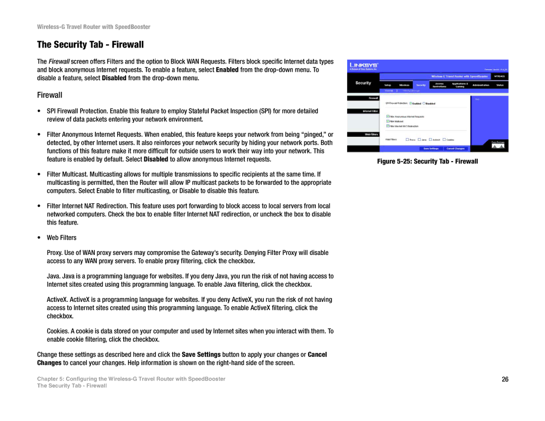 Linksys WTR54GS manual Security Tab Firewall 