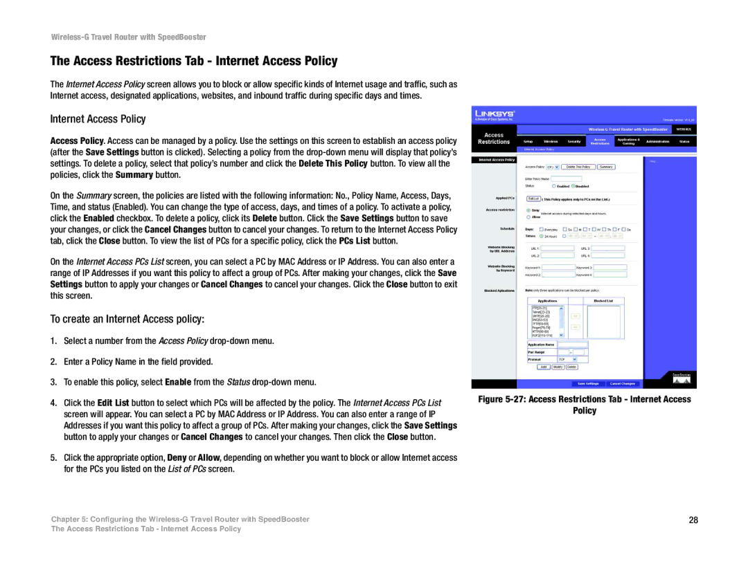 Linksys WTR54GS manual Access Restrictions Tab Internet Access Policy, To create an Internet Access policy 