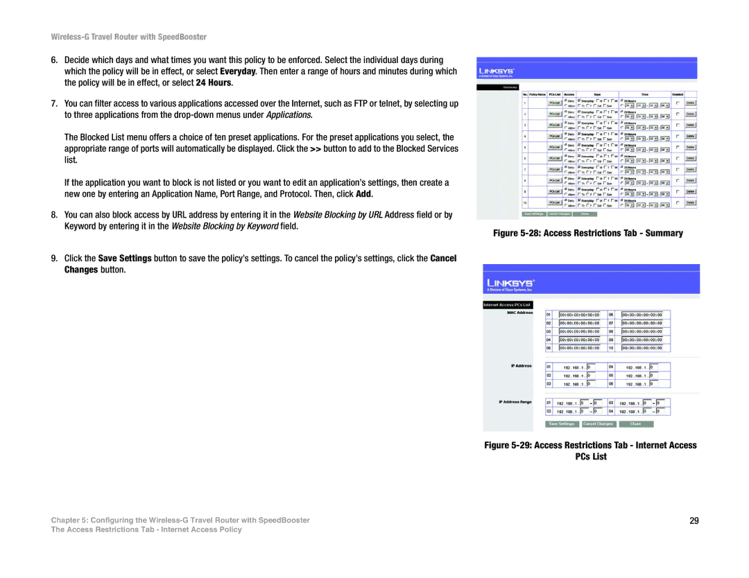 Linksys WTR54GS manual Access Restrictions Tab Internet Access PCs List 