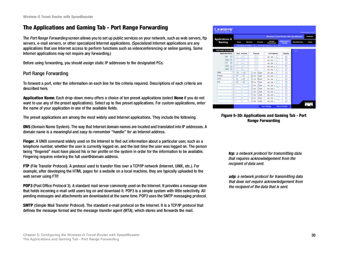 Linksys WTR54GS manual Applications and Gaming Tab Port Range Forwarding 