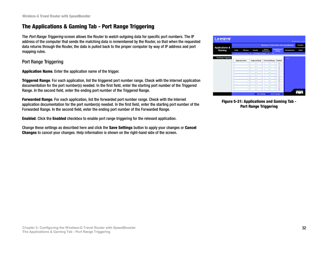 Linksys WTR54GS manual Applications & Gaming Tab Port Range Triggering 