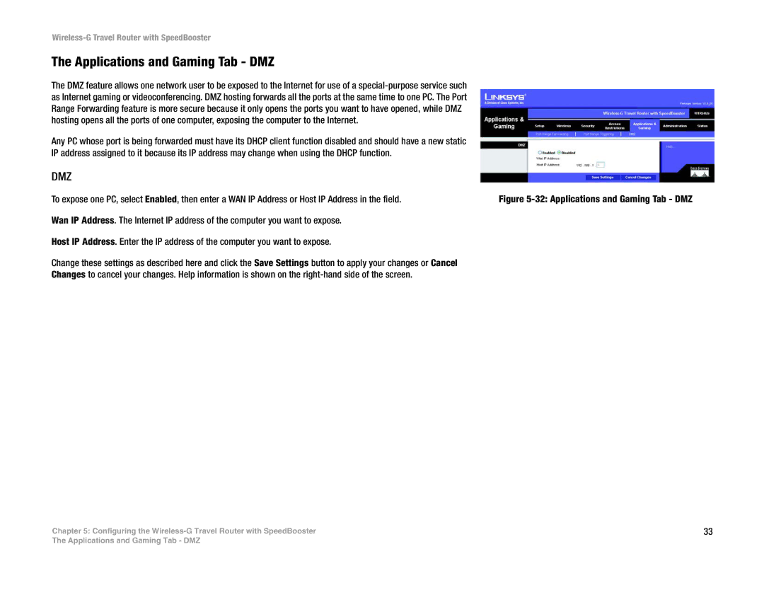 Linksys WTR54GS manual Applications and Gaming Tab DMZ, Dmz 