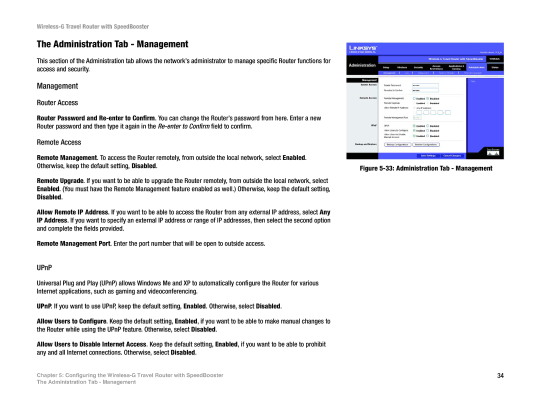 Linksys WTR54GS manual Administration Tab Management, Router Access, Remote Access, UPnP 