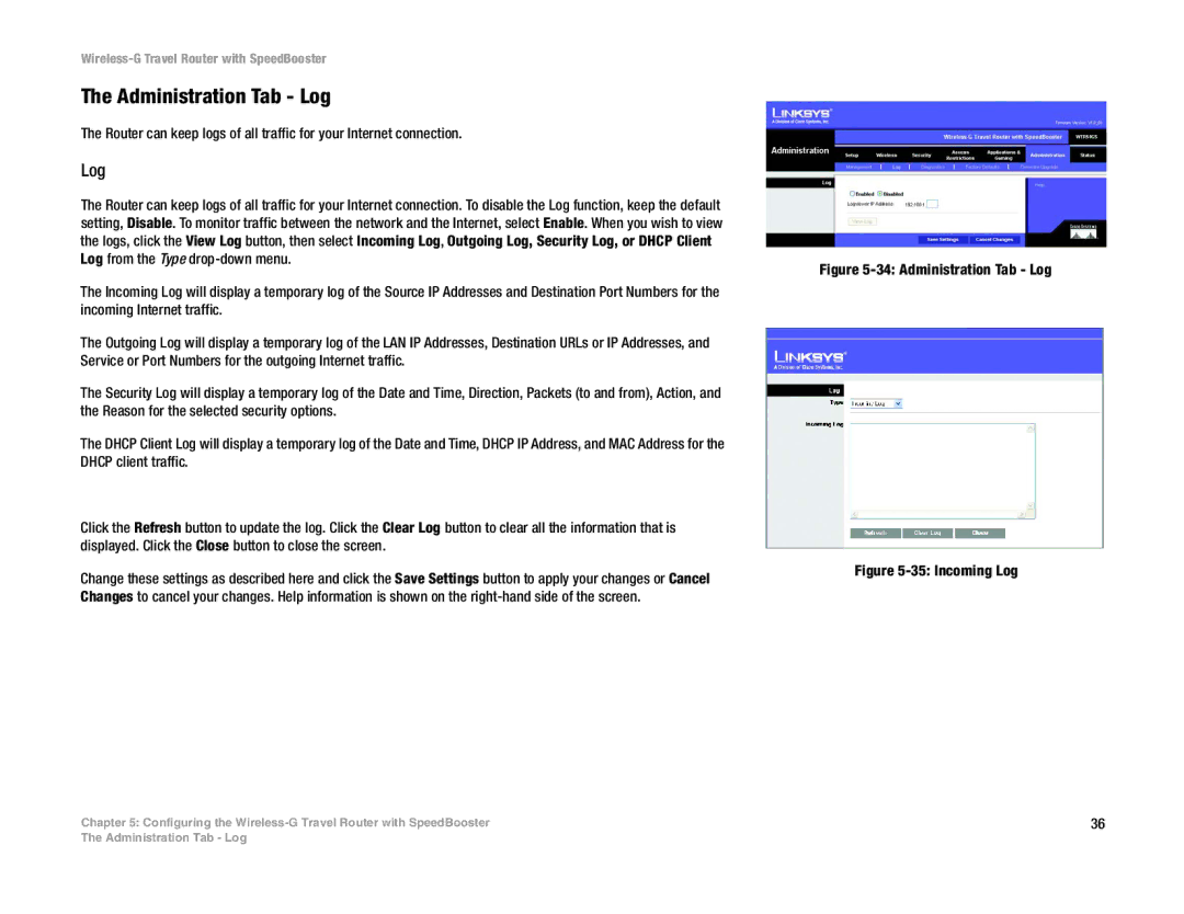 Linksys WTR54GS manual Administration Tab Log 
