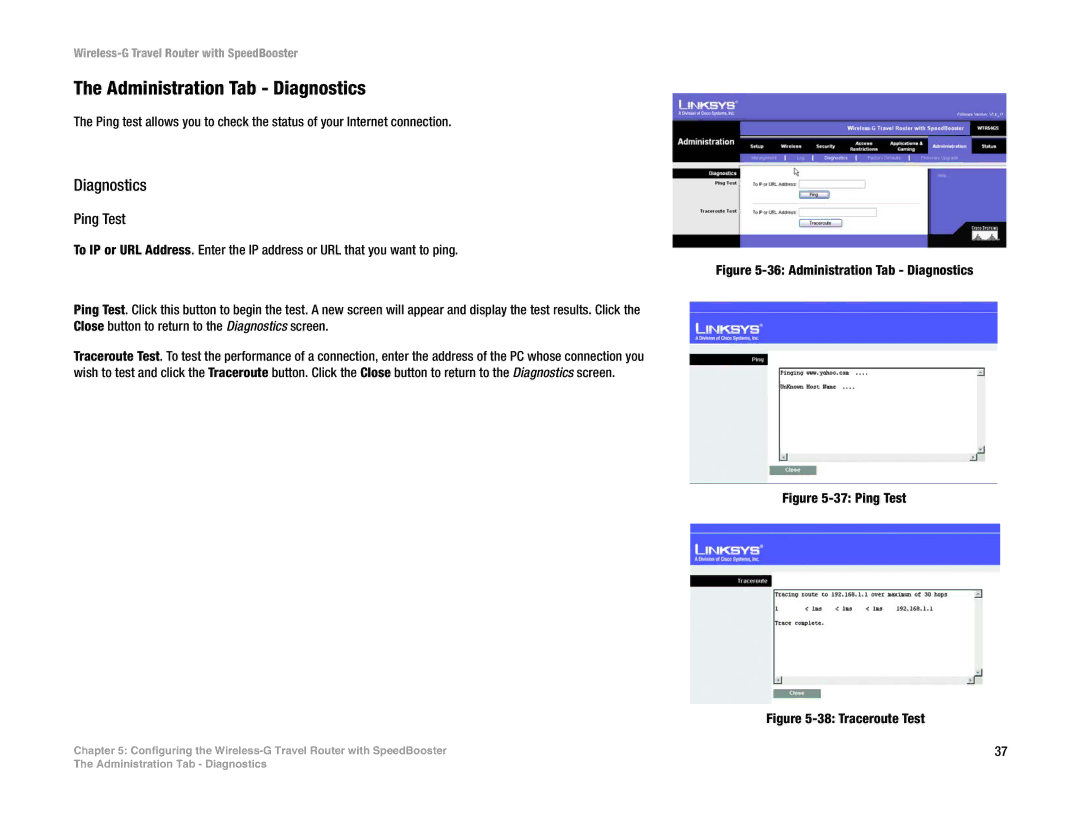 Linksys WTR54GS manual Administration Tab Diagnostics, Ping Test 