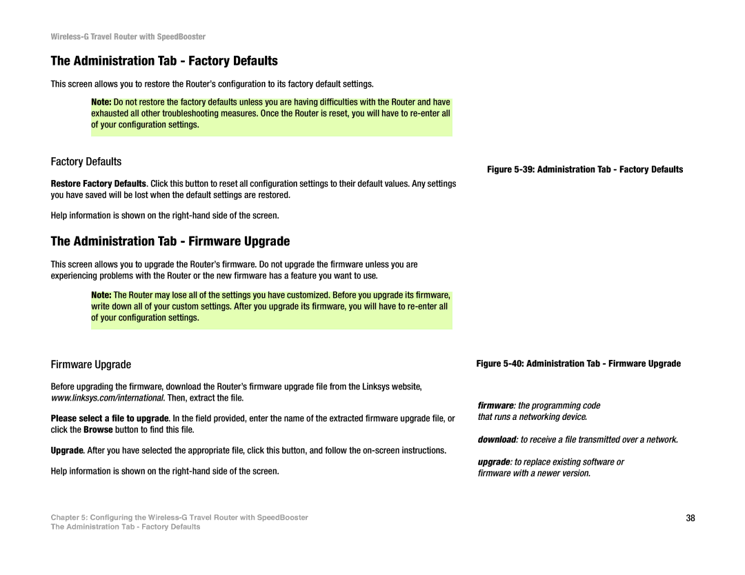 Linksys WTR54GS manual Administration Tab Factory Defaults, Administration Tab Firmware Upgrade 