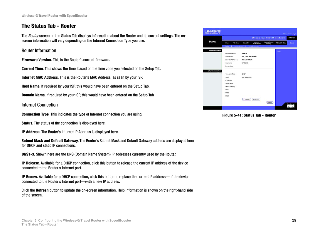 Linksys WTR54GS manual Status Tab Router, Router Information, Internet Connection 