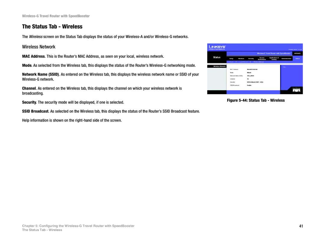 Linksys WTR54GS manual Status Tab Wireless, Wireless Network 