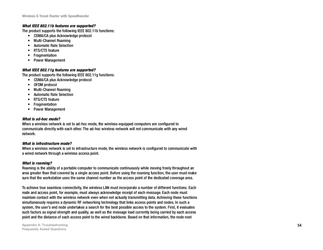 Linksys WTR54GS What Ieee 802.11b features are supported?, What Ieee 802.11g features are supported?, What is ad-hoc mode? 