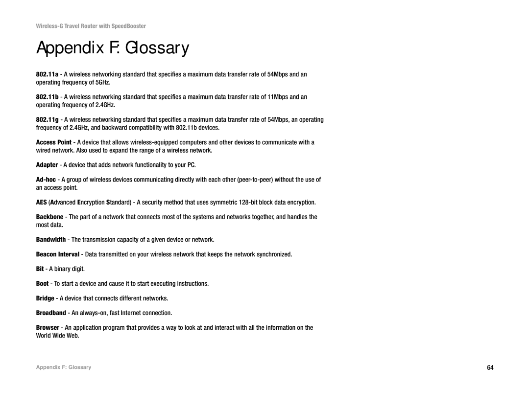 Linksys WTR54GS manual Appendix F Glossary 