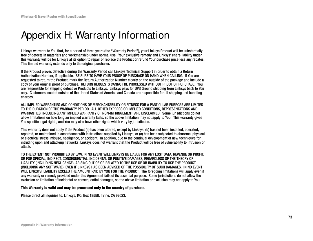 Linksys WTR54GS manual Appendix H Warranty Information 