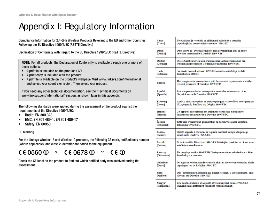 Linksys WTR54GS manual Appendix I Regulatory Information, Radio EN 300 EMC EN 301 489-1, EN 301 Safety EN 