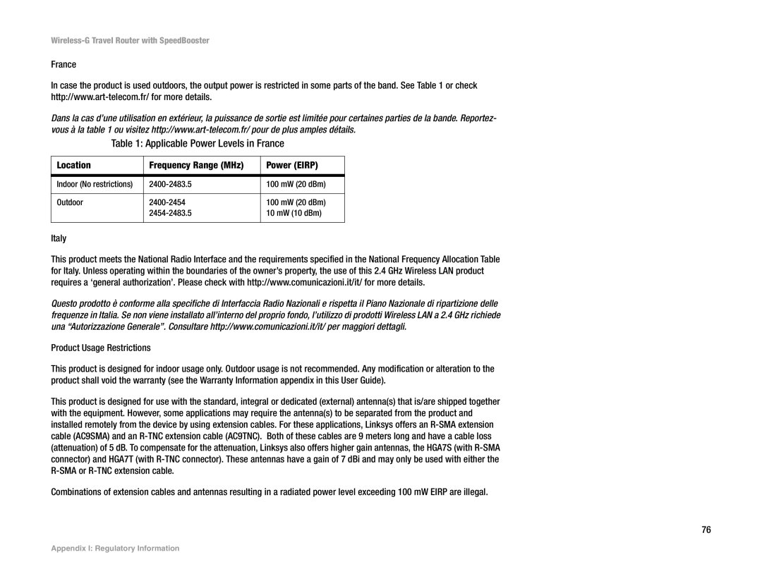 Linksys WTR54GS manual Applicable Power Levels in France, Location Frequency Range MHz Power Eirp 