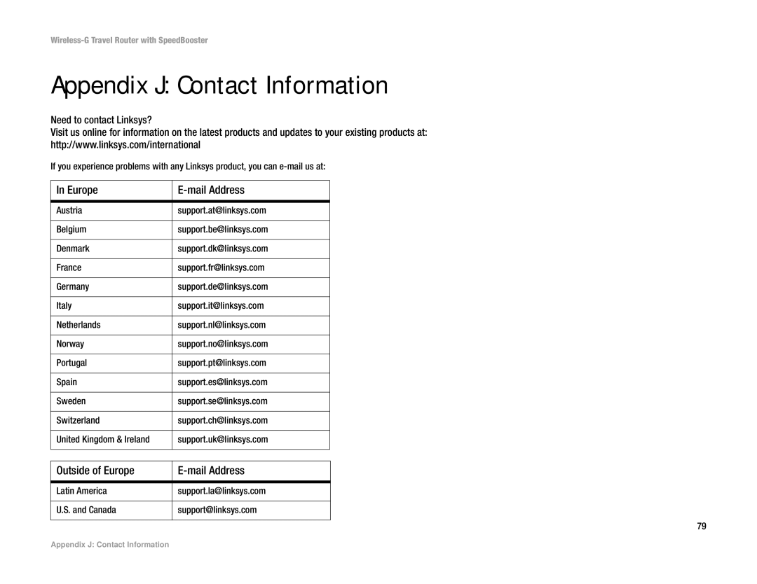 Linksys WTR54GS manual Appendix J Contact Information, Outside of Europe Mail Address 