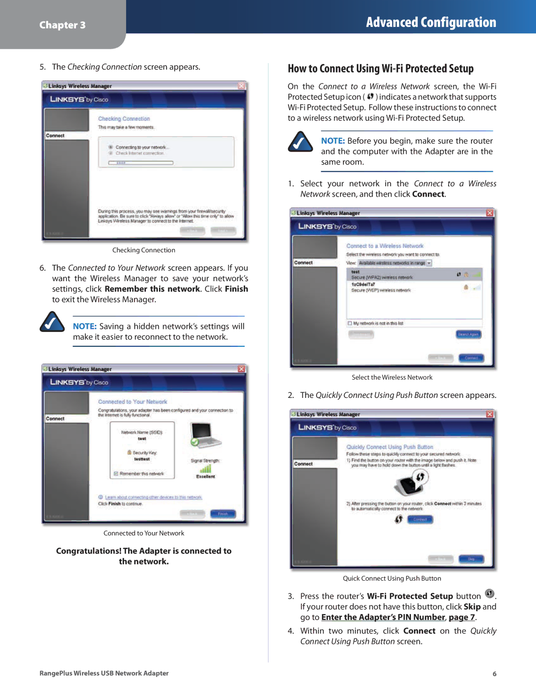 Linksys WUSB100 manual How to Connect Using Wi-Fi Protected Setup 