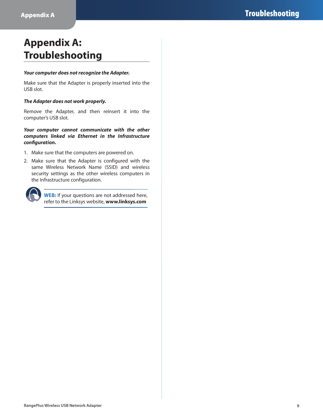 Linksys WUSB100 manual Appendix a Troubleshooting 