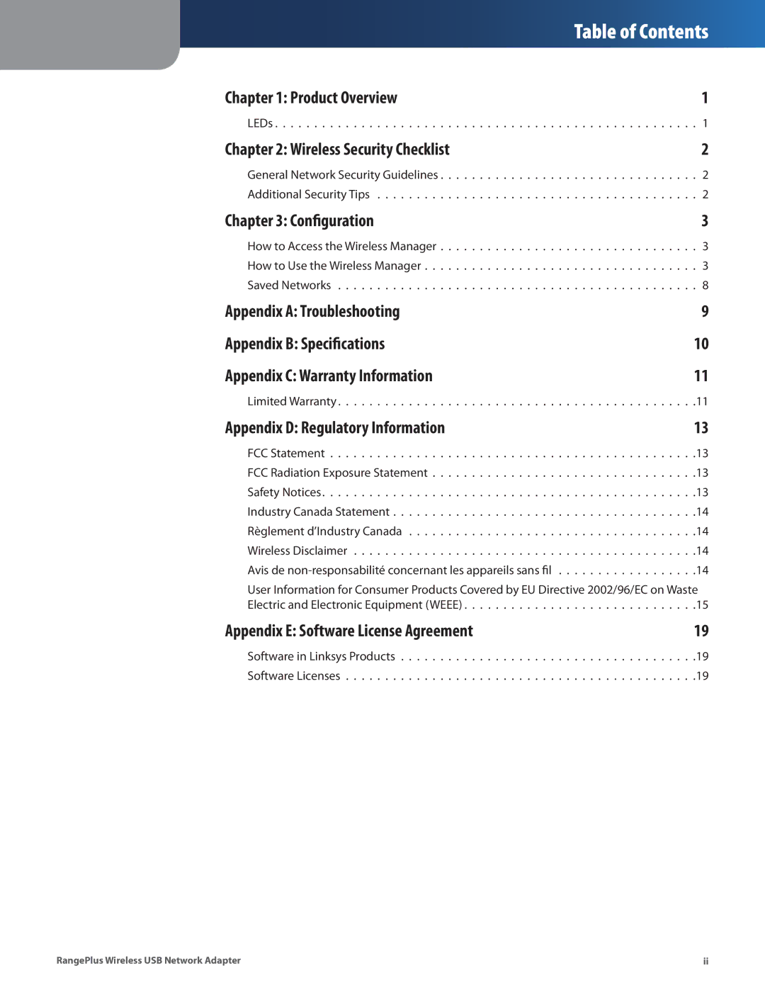 Linksys WUSB100 manual Table of Contents 