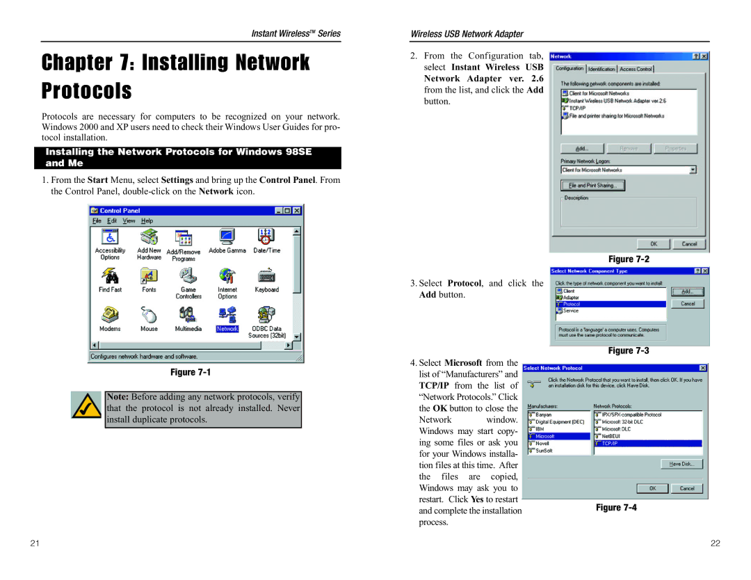 Linksys WUSB11 manual Installing Network Protocols, Installing the Network Protocols for Windows 98SE and Me 