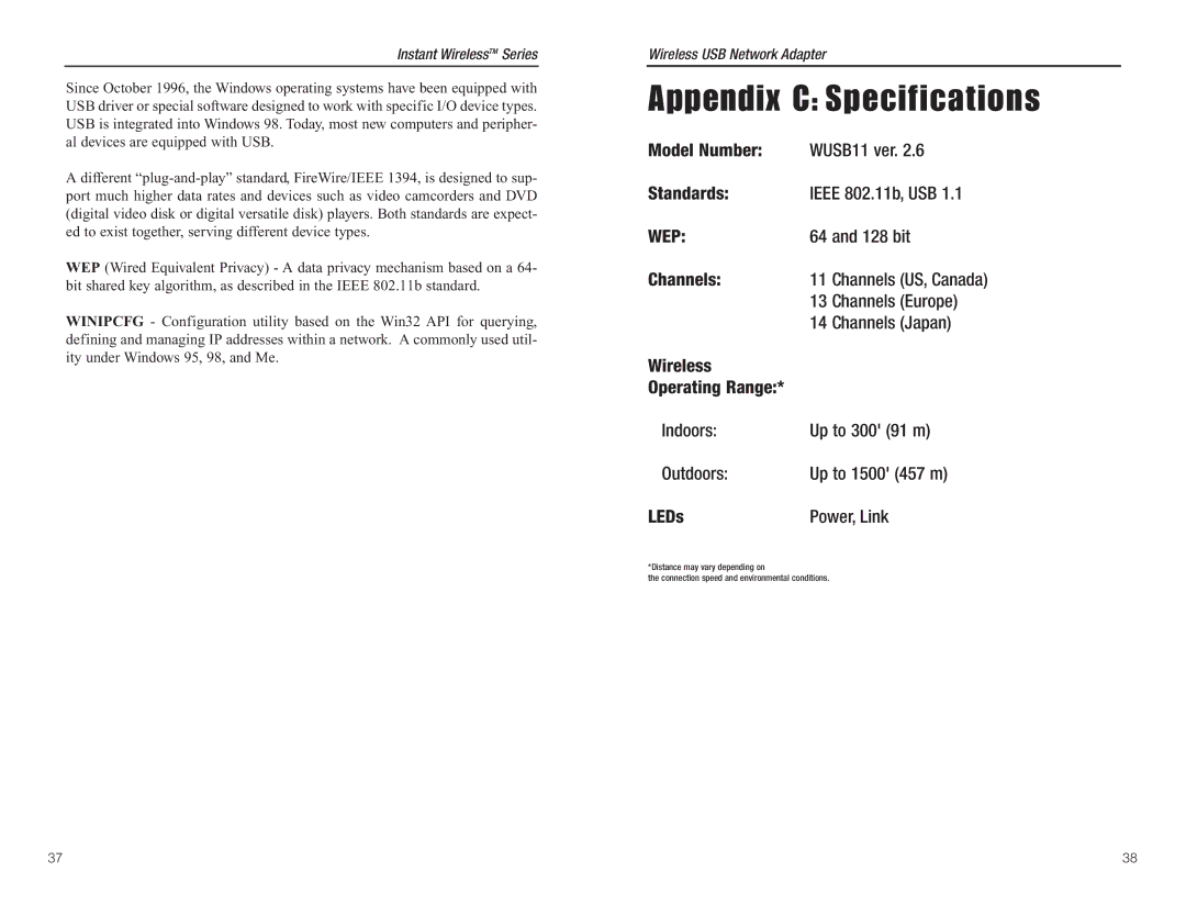 Linksys WUSB11 manual Appendix C Specifications, Wep 