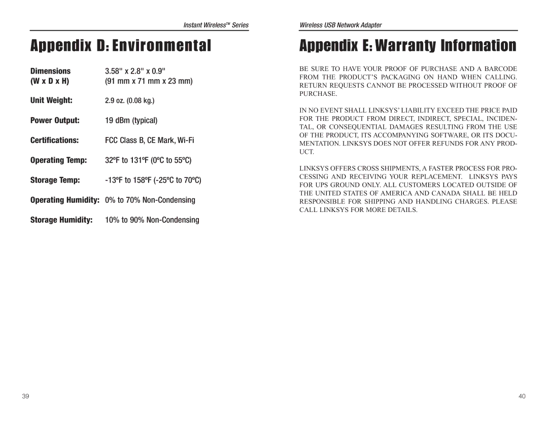 Linksys WUSB11 manual Appendix D Environmental, Appendix E Warranty Information 