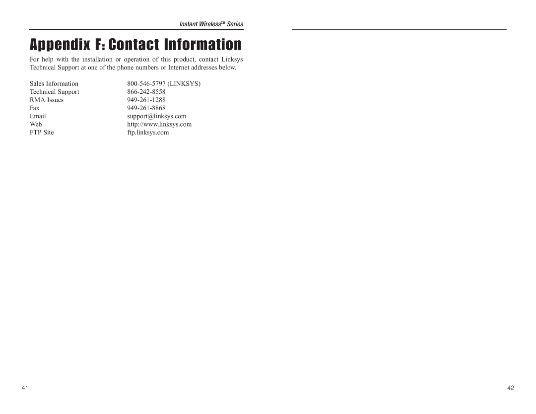 Linksys WUSB11 manual Appendix F Contact Information 