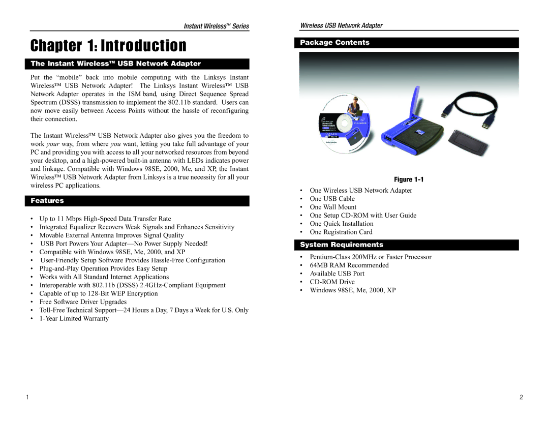 Linksys WUSB11 manual Introduction, Instant WirelessTM USB Network Adapter, Features, Package Contents, System Requirements 