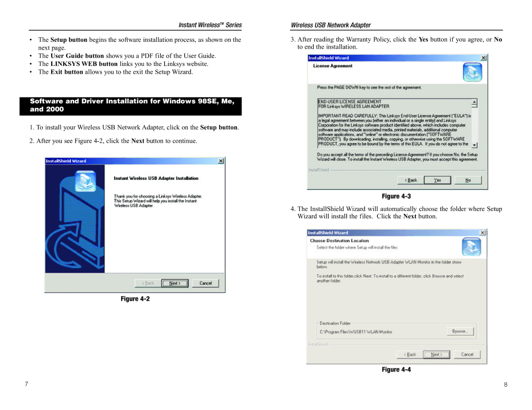 Linksys WUSB11 manual Software and Driver Installation for Windows 98SE, Me 