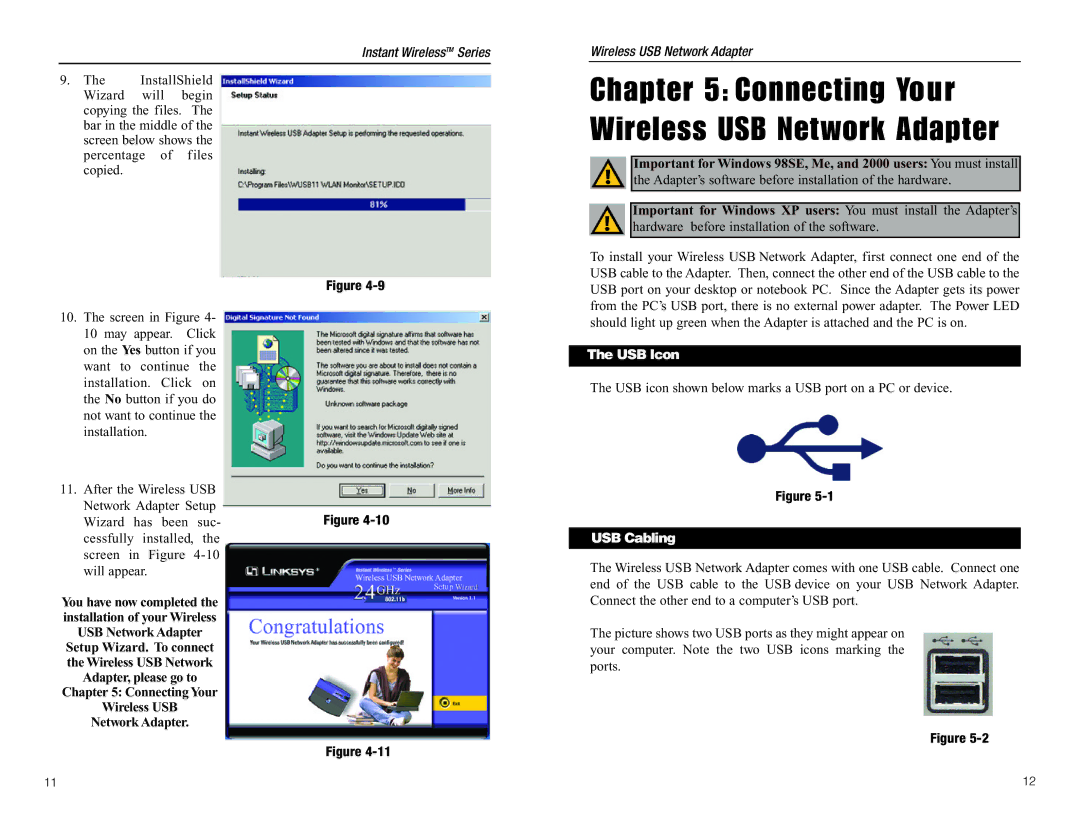 Linksys WUSB11 manual USB Icon, USB Cabling 