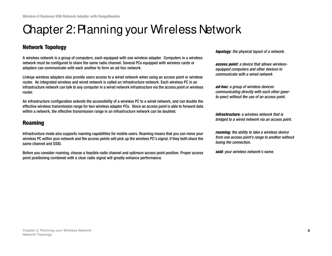 Linksys WUSB200 manual Planning your Wireless Network, Network Topology, Roaming 