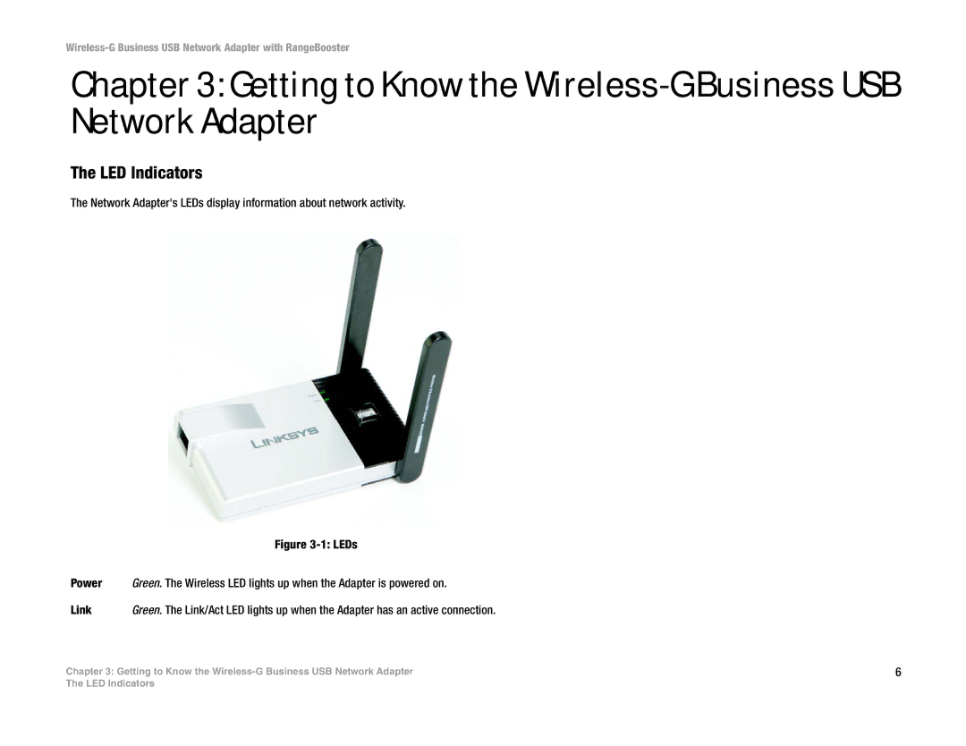 Linksys WUSB200 manual Getting to Know the Wireless-G Business USB Network Adapter, LED Indicators 