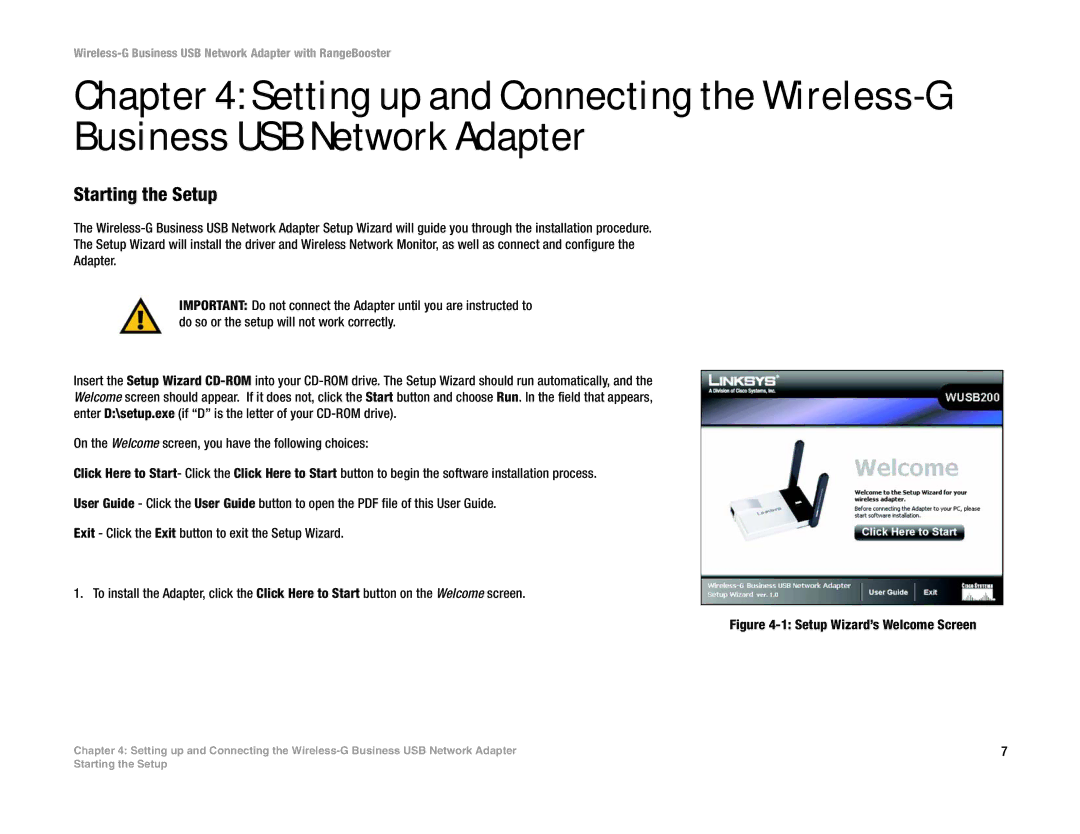 Linksys WUSB200 manual Starting the Setup, Setup Wizard’s Welcome Screen 