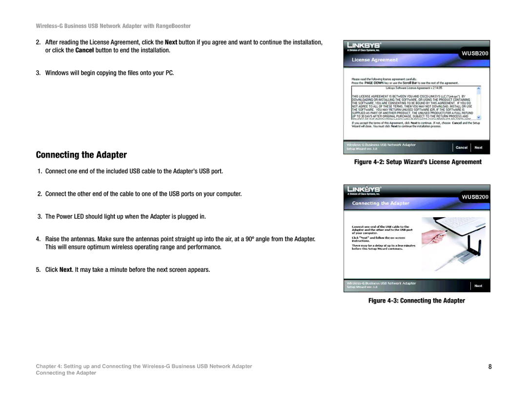 Linksys WUSB200 manual Connecting the Adapter, Setup Wizard’s License Agreement 