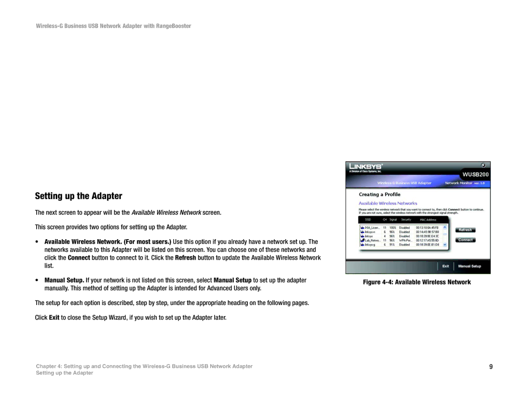 Linksys WUSB200 manual Setting up the Adapter, Available Wireless Network 