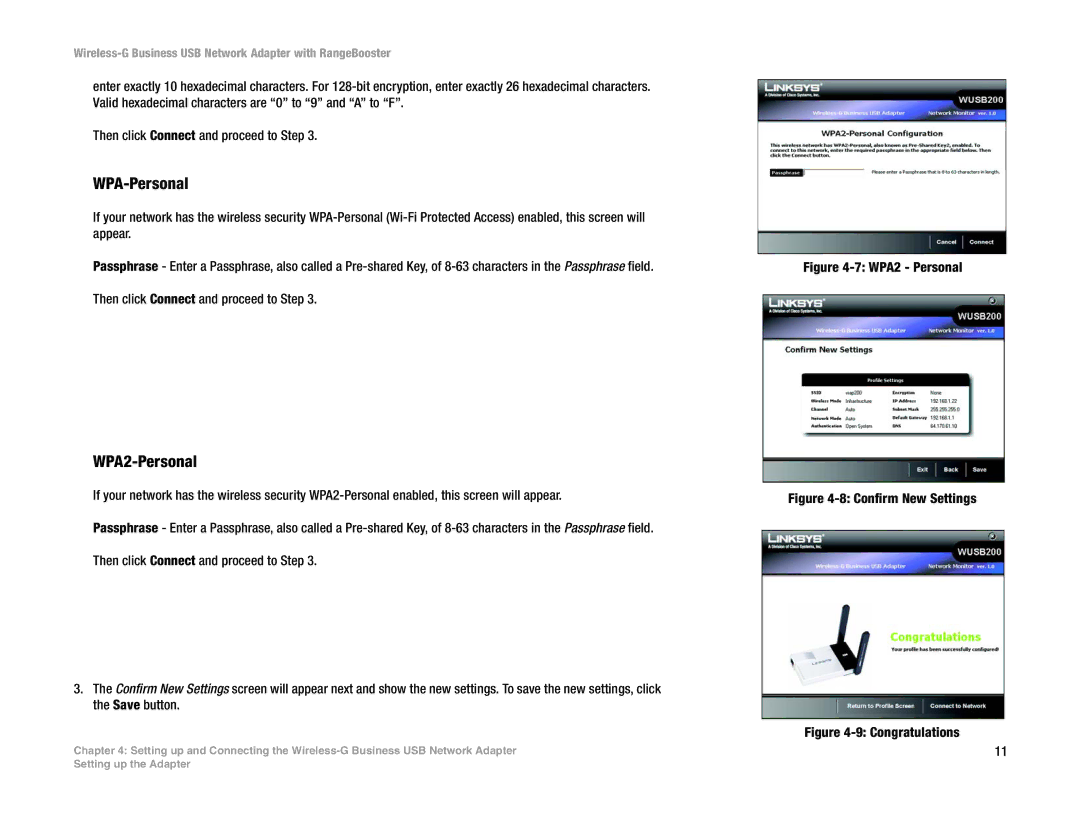 Linksys WUSB200 manual WPA-Personal, WPA2-Personal 