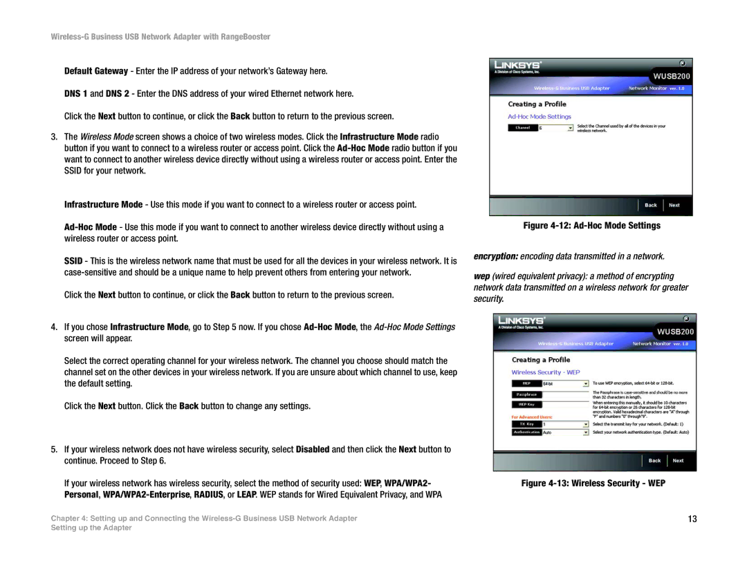 Linksys WUSB200 manual Ad-Hoc Mode Settings 