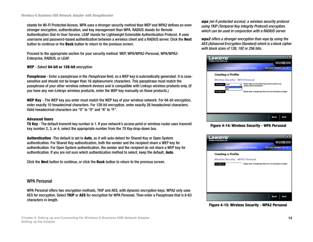 Linksys WUSB200 manual Wireless Security WPA Personal 