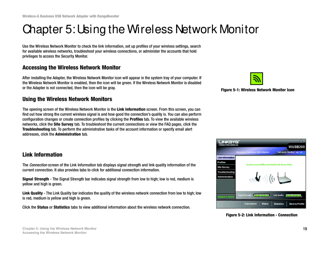 Linksys WUSB200 manual Using the Wireless Network Monitor, Accessing the Wireless Network Monitor, Link Information 