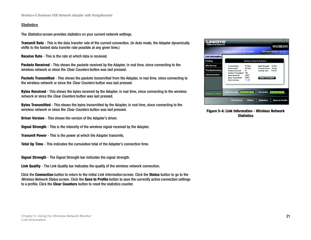 Linksys WUSB200 manual Link Information Wireless Network Statistics 