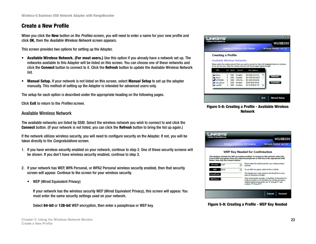 Linksys WUSB200 manual Create a New Profile, Creating a Profile Available Wireless Network 