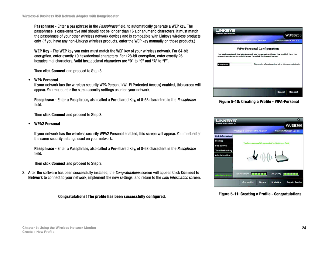 Linksys WUSB200 manual Creating a Profile WPA-Personal 