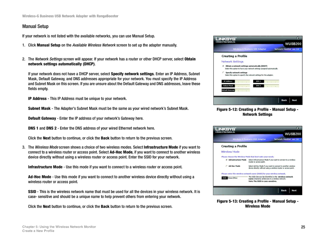 Linksys WUSB200 manual Creating a Profile Manual Setup Network Settings 