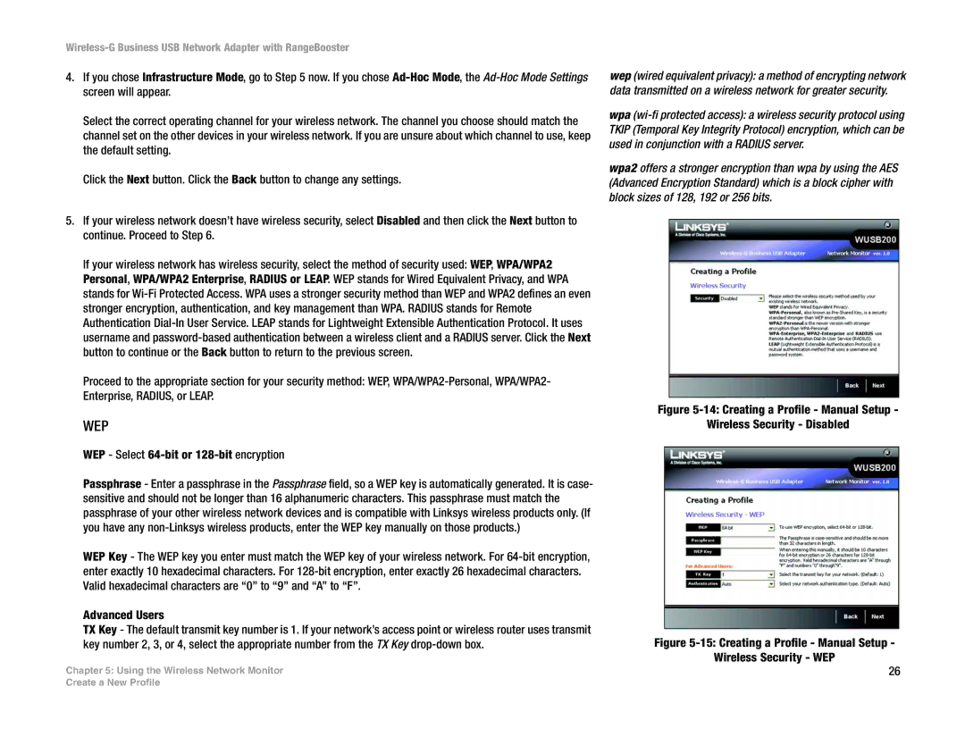 Linksys WUSB200 manual Creating a Profile Manual Setup Wireless Security WEP 