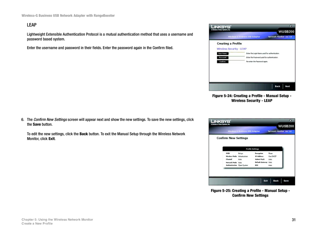 Linksys WUSB200 manual Creating a Profile Manual Setup Wireless Security Leap 