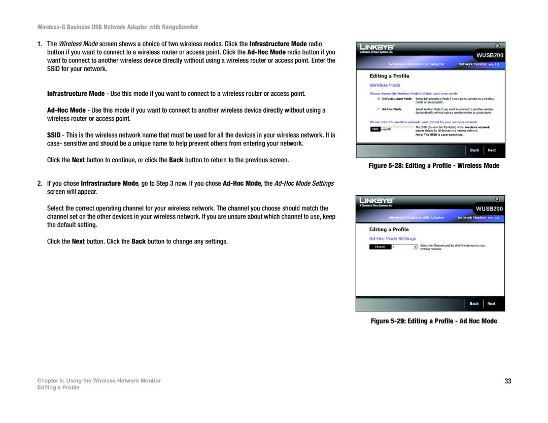 Linksys WUSB200 manual Editing a Profile Ad Hoc Mode 