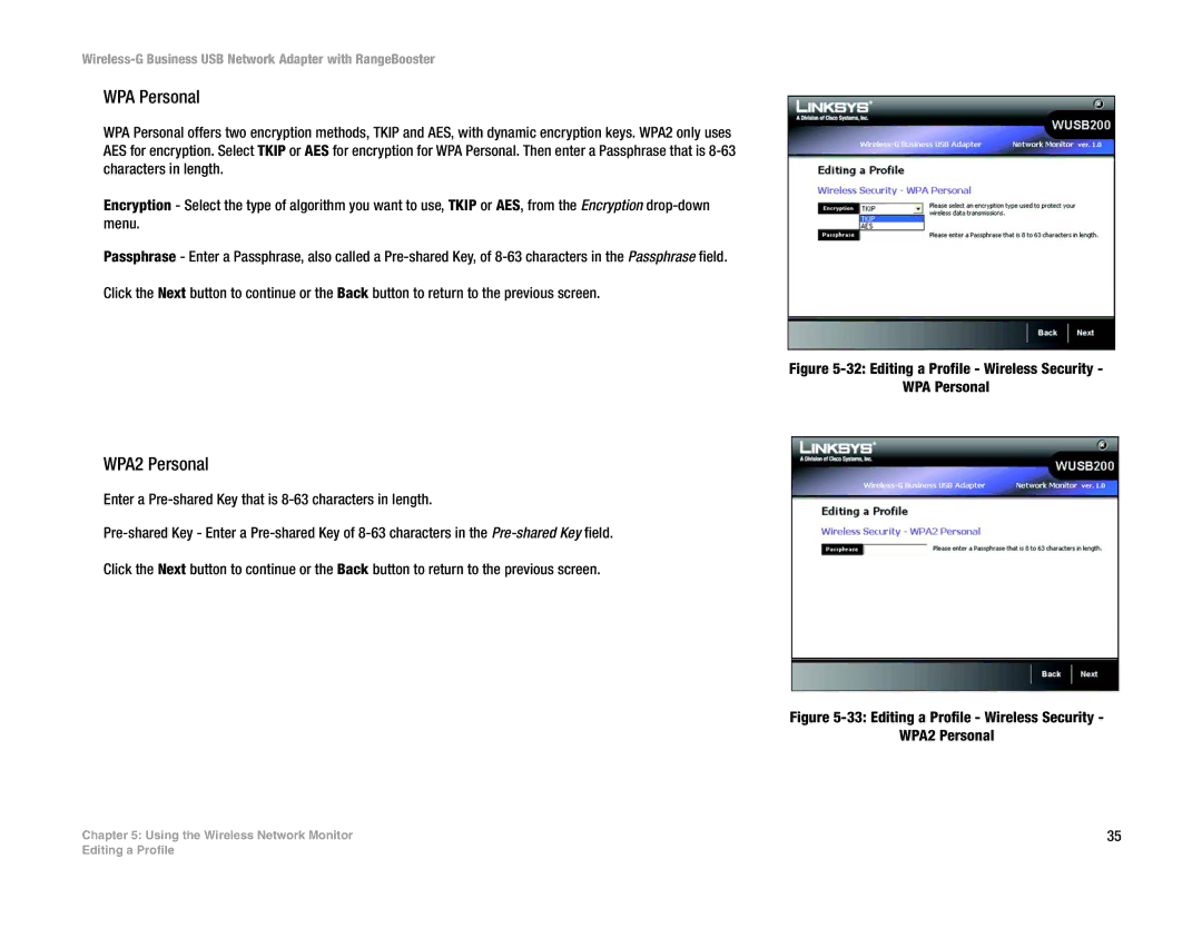 Linksys WUSB200 manual Editing a Profile Wireless Security WPA Personal 