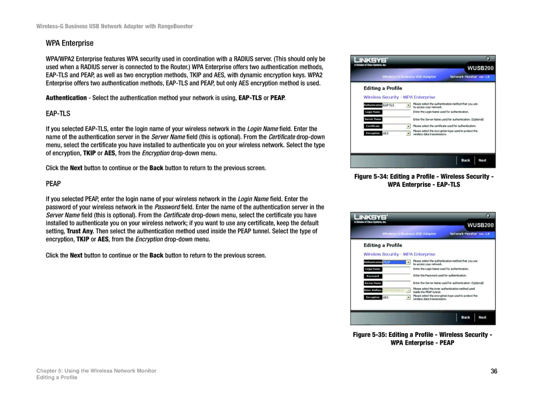 Linksys WUSB200 manual Editing a Profile Wireless Security WPA Enterprise Peap 