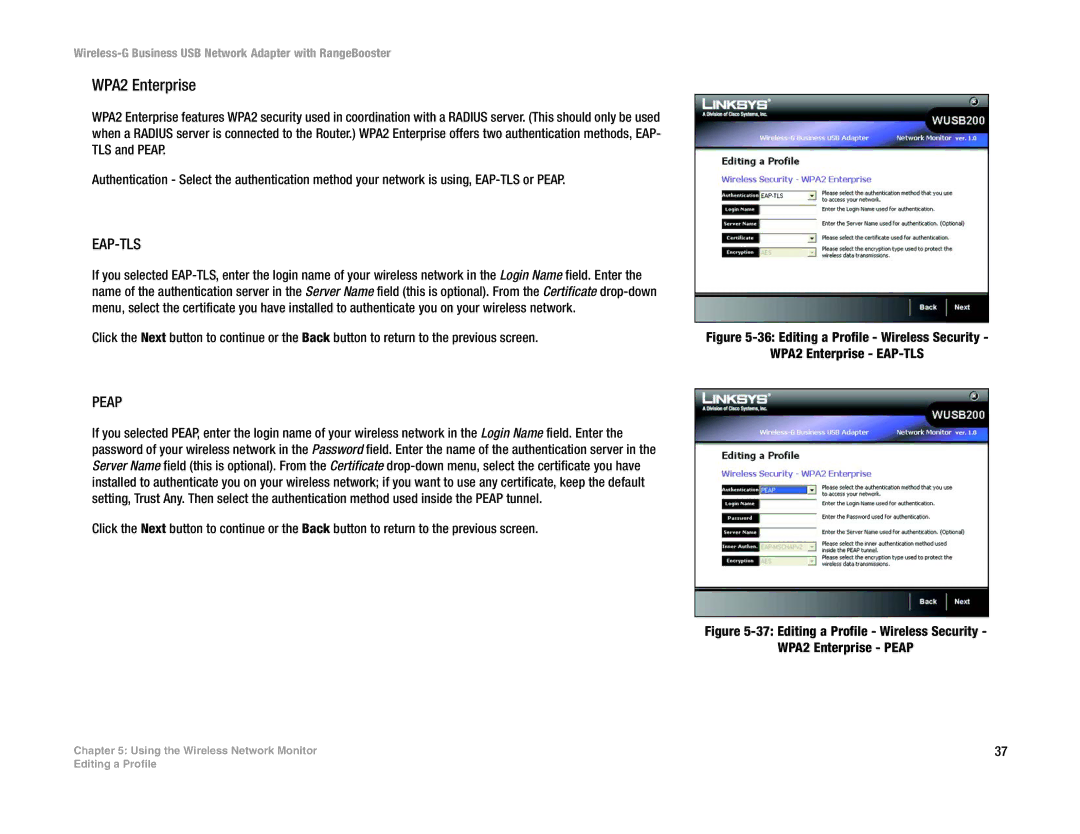 Linksys WUSB200 manual Editing a Profile Wireless Security WPA2 Enterprise Peap 
