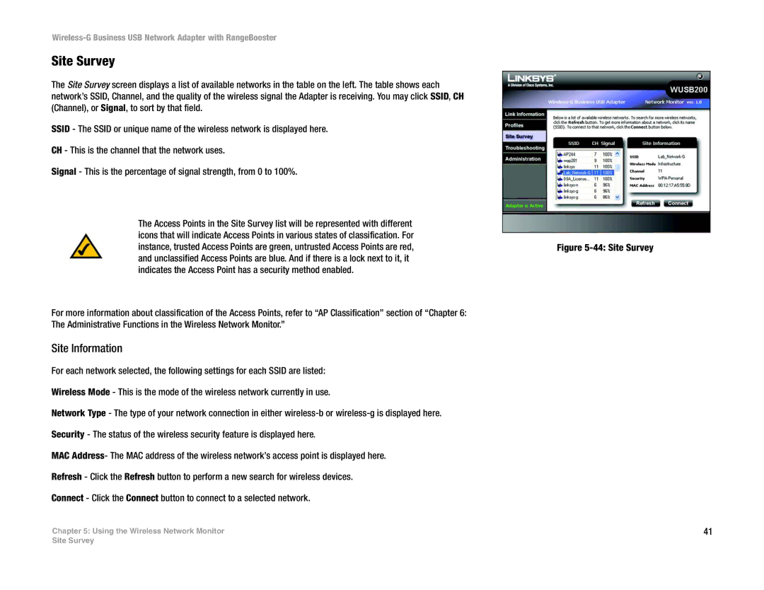 Linksys WUSB200 manual Site Survey, Site Information 